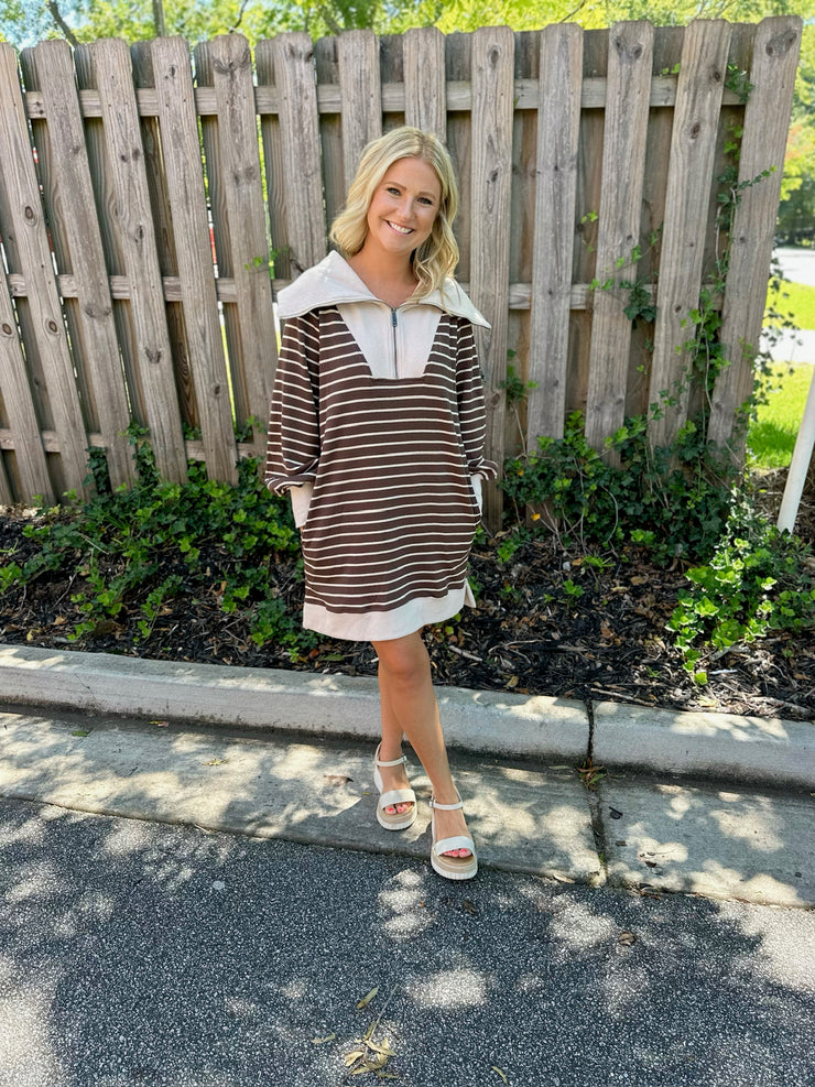 Simply The Best Striped Collared Dress-Brown