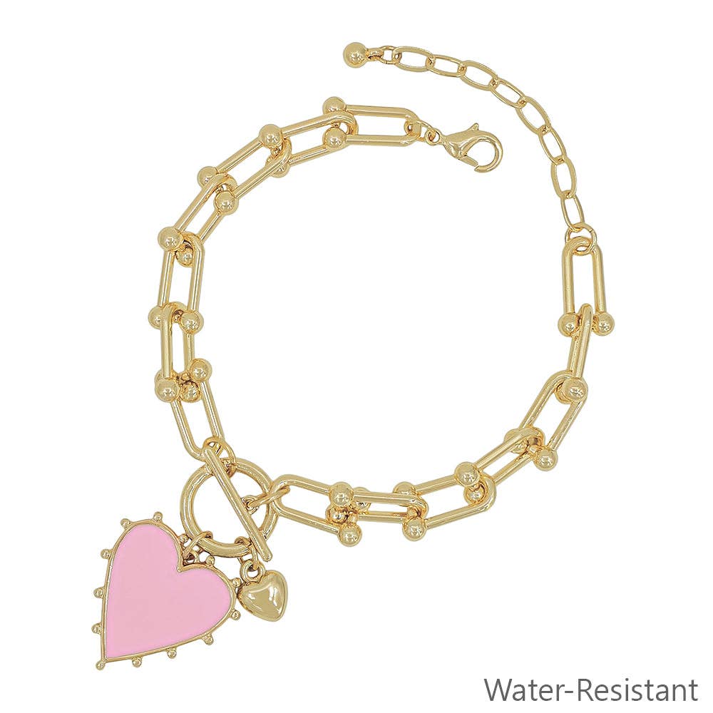 Gold Chain with Pink Studded Heart Charm Bracelet