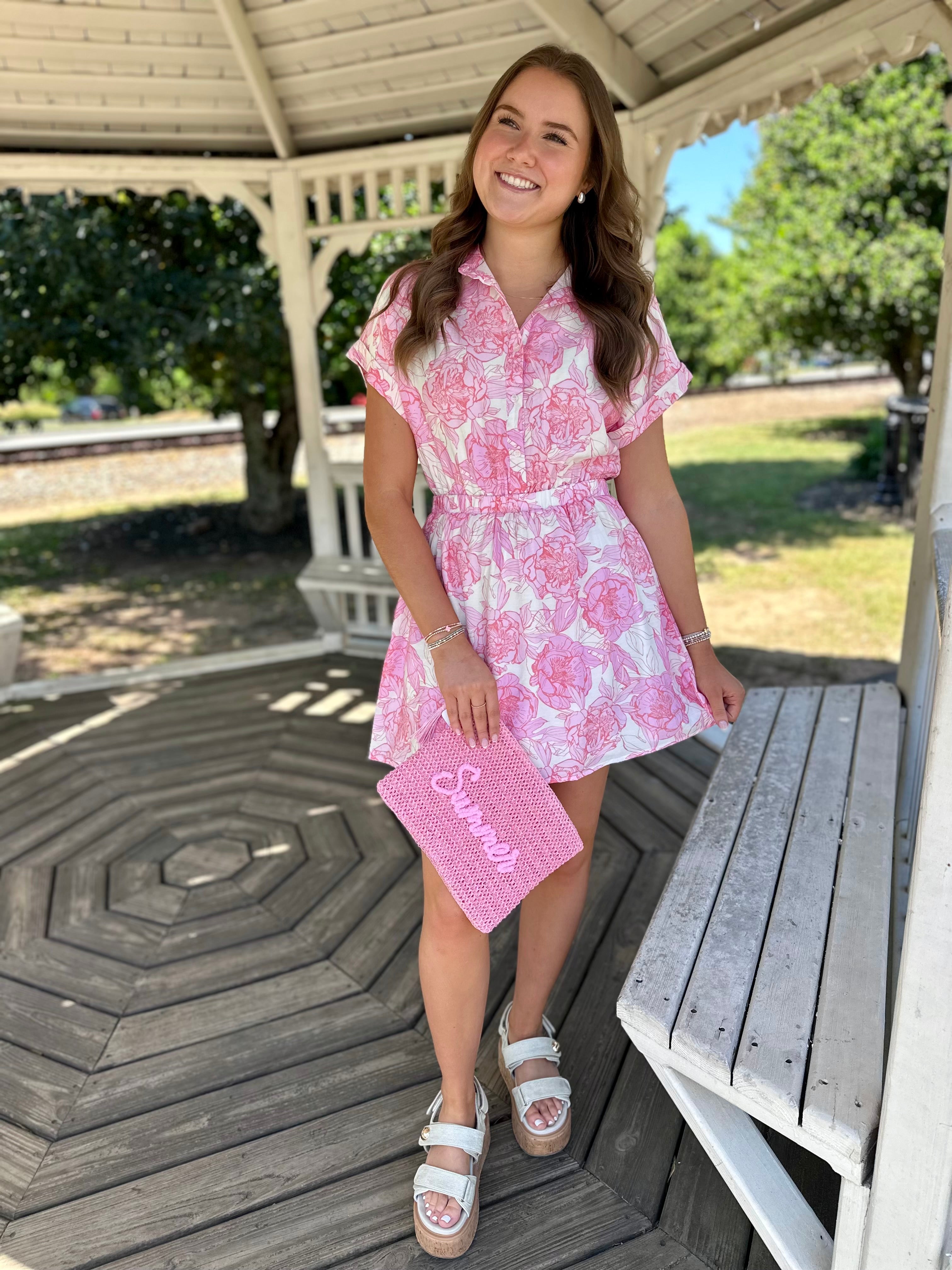 Pink Blossom Collared Dress with Elastic Waist