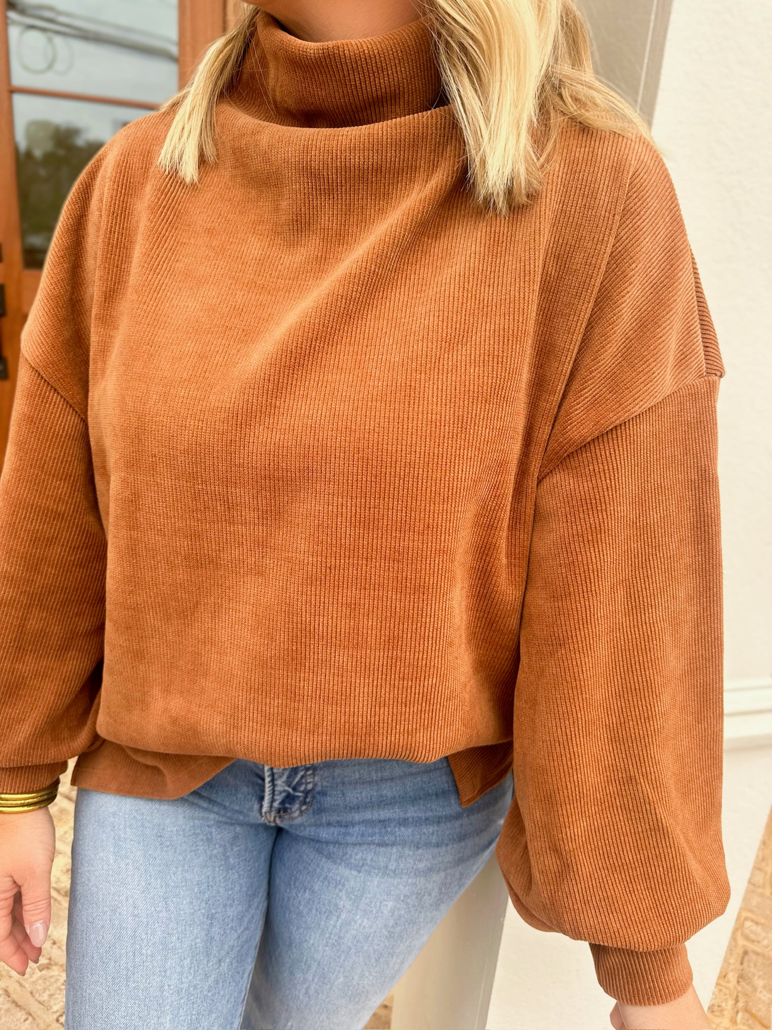 Fireside Mock Neck Balloon Sleeve Knit Top- Camel