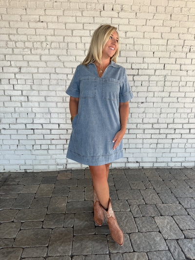 Everybody Talks Denim Front Pocket Collar Short Dress