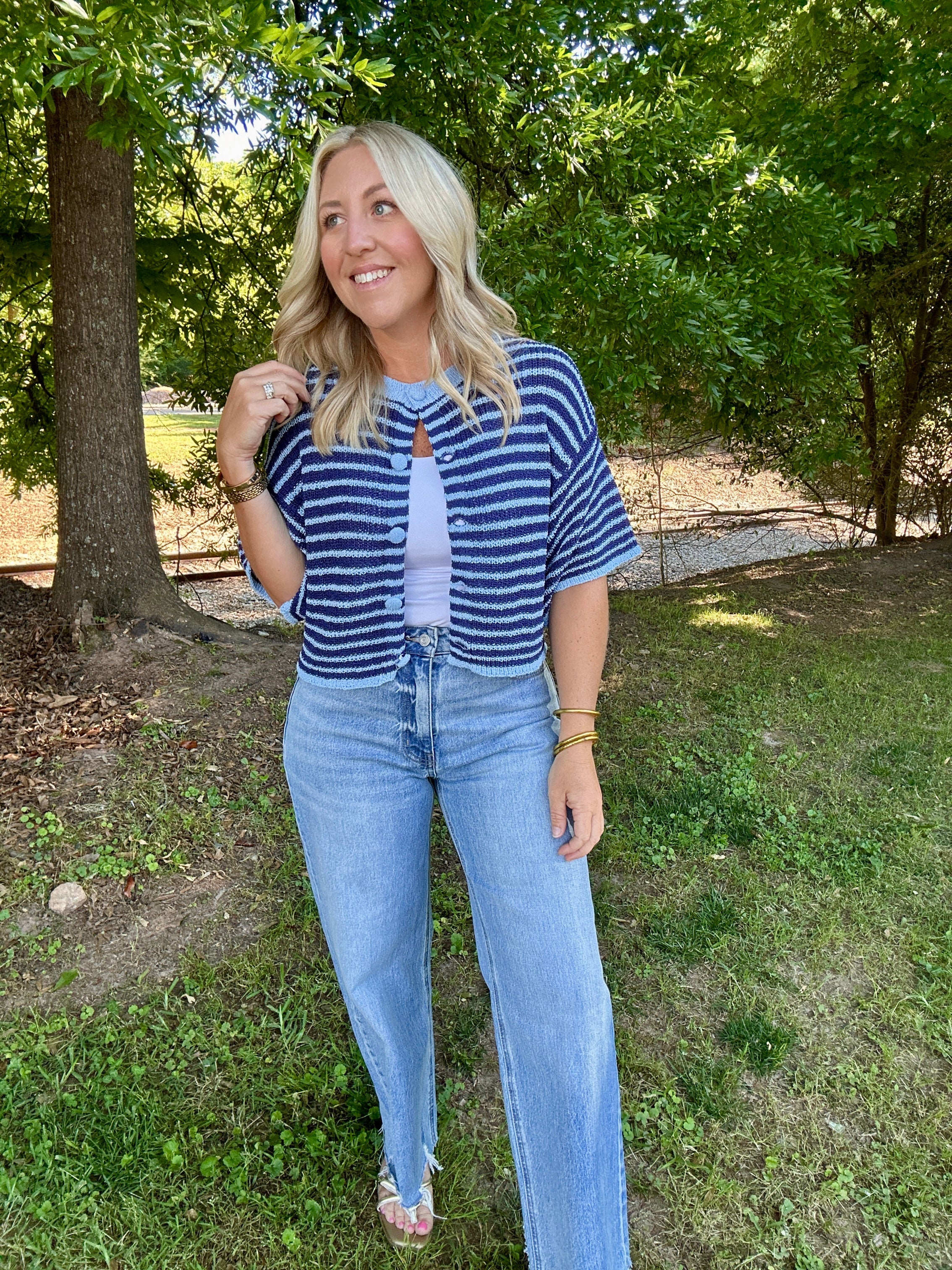 Listen To Every Word Striped Button Down lightweight Knit Top