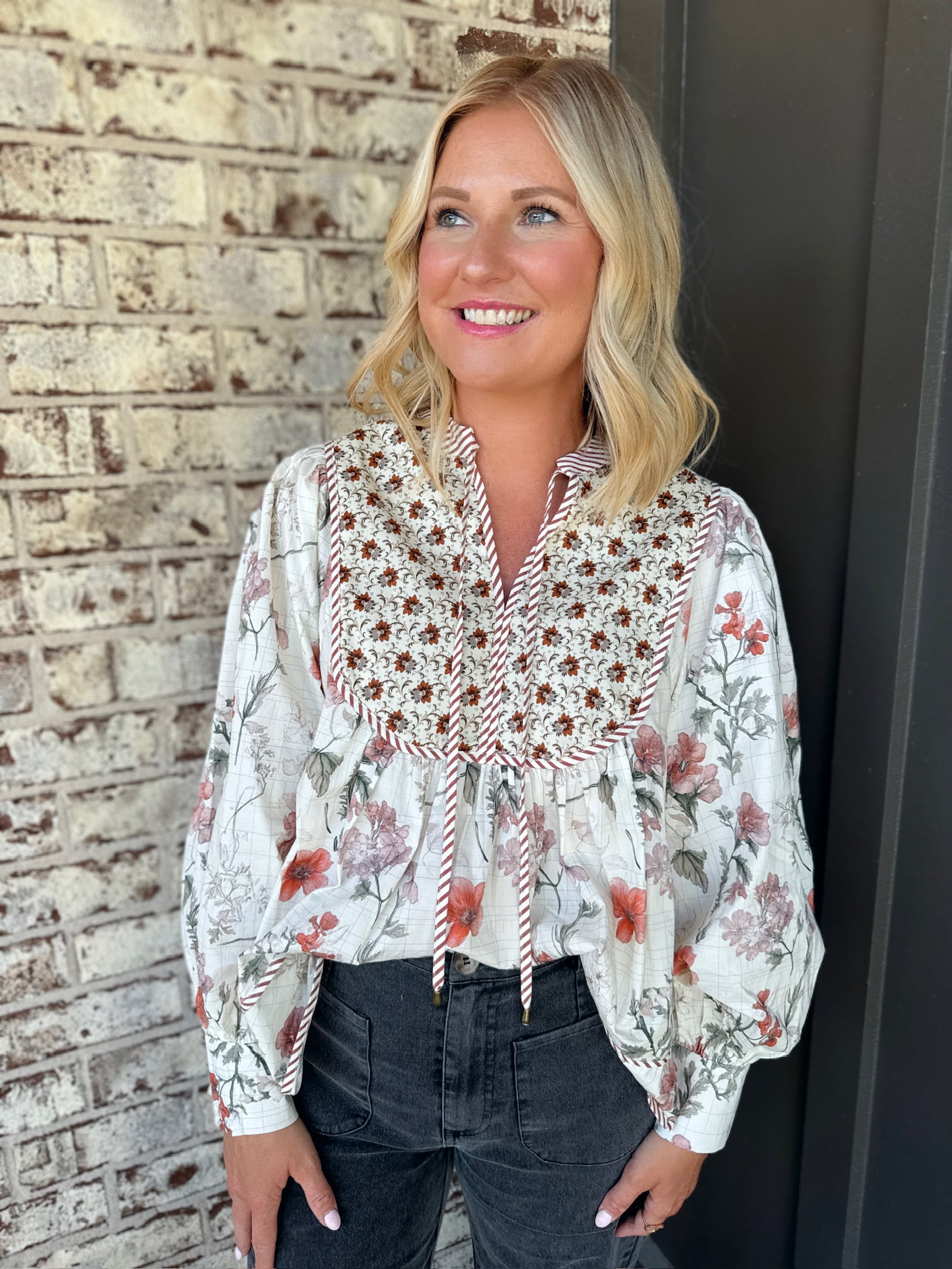 Lily In Ecru Floral Smocked Long Sleeve Top