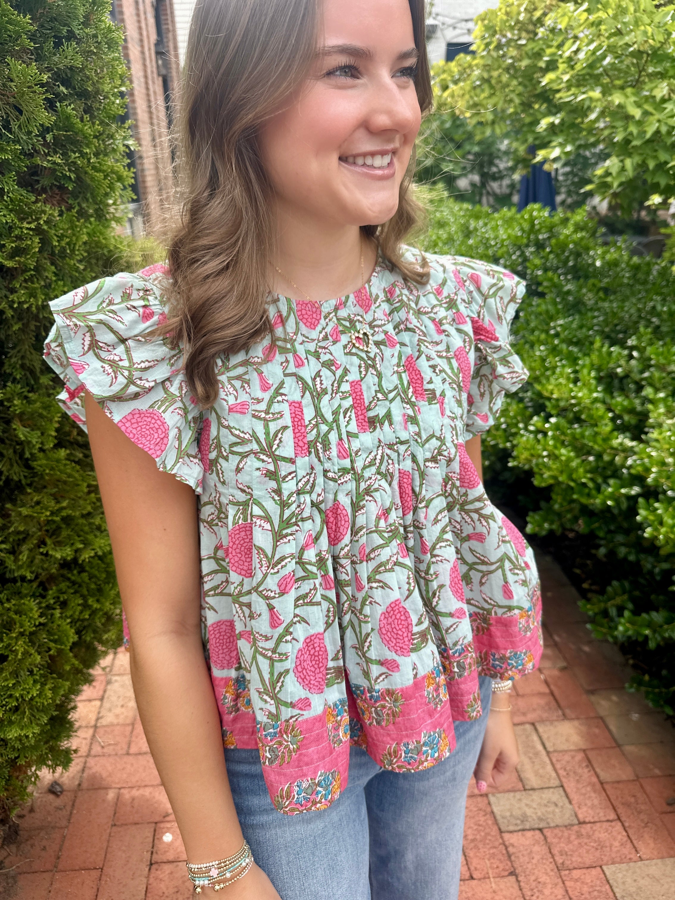 Southern Girl Flutter Sleeve Pleated Floral Top