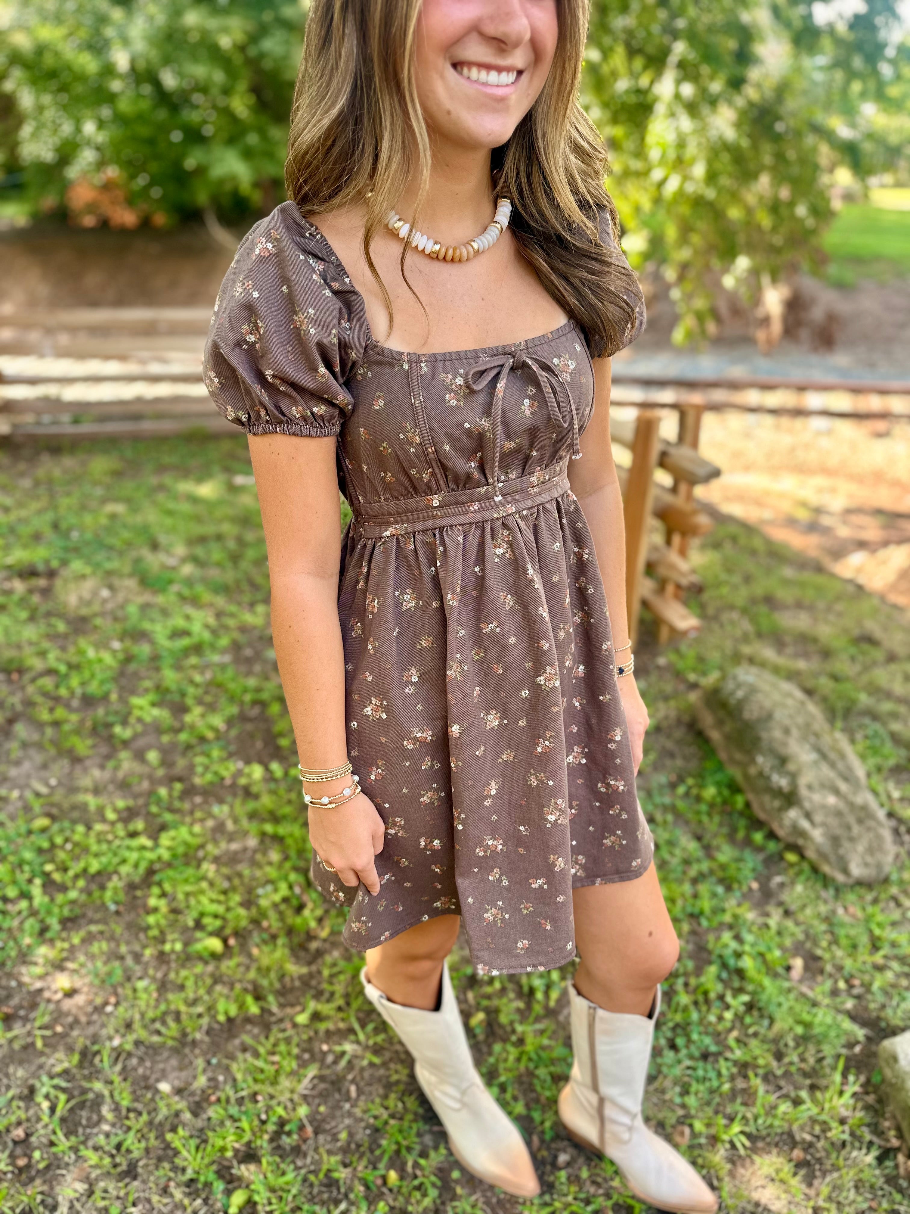 Talking Fall Ditsy Floral Print Mini Dress In Brown