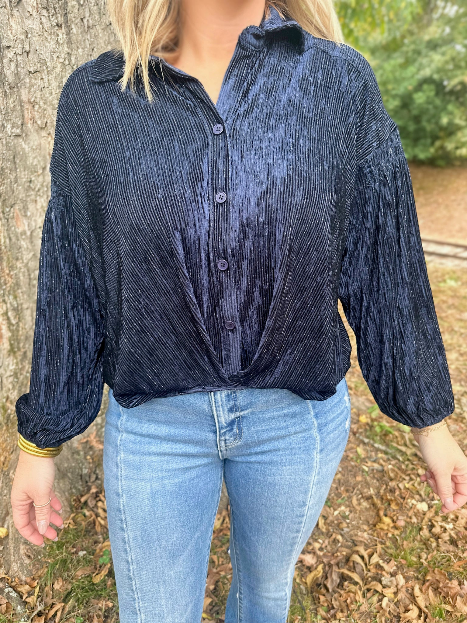 Run To Me Long Sleeve Button Down Blouse Top-Navy