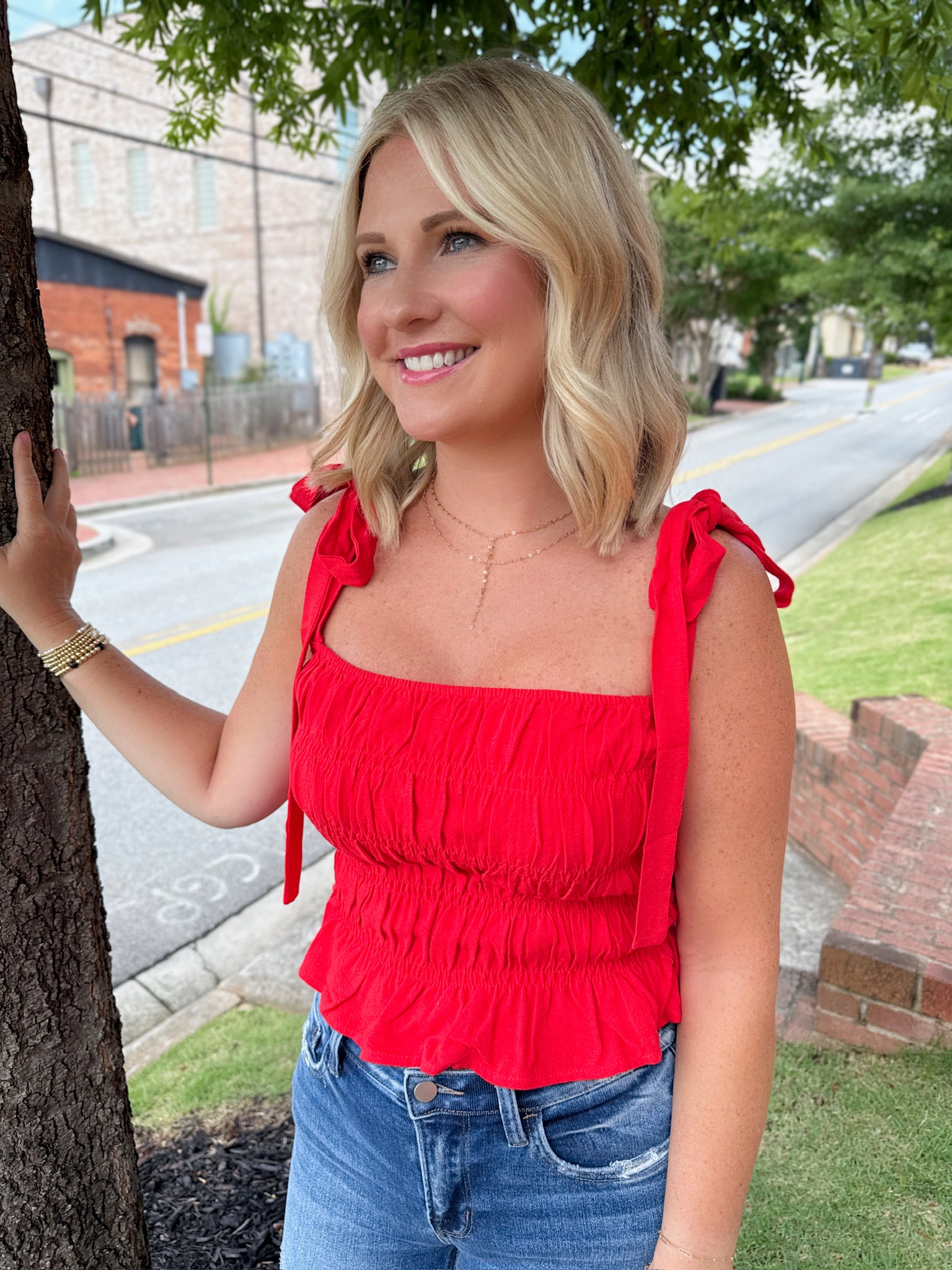 Poppy In Red Smocked Tie Strap Tank Top