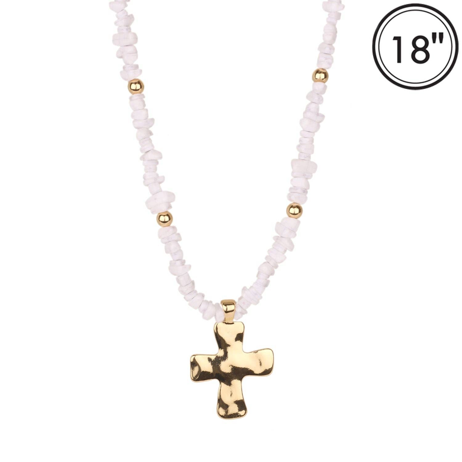 White Natural Stone with Shiny Gold Cross 16"-18" Necklace