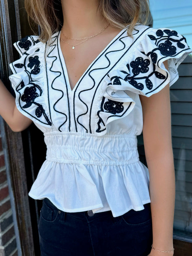 End of the Beginning Ruffled Embroidered Tank Top