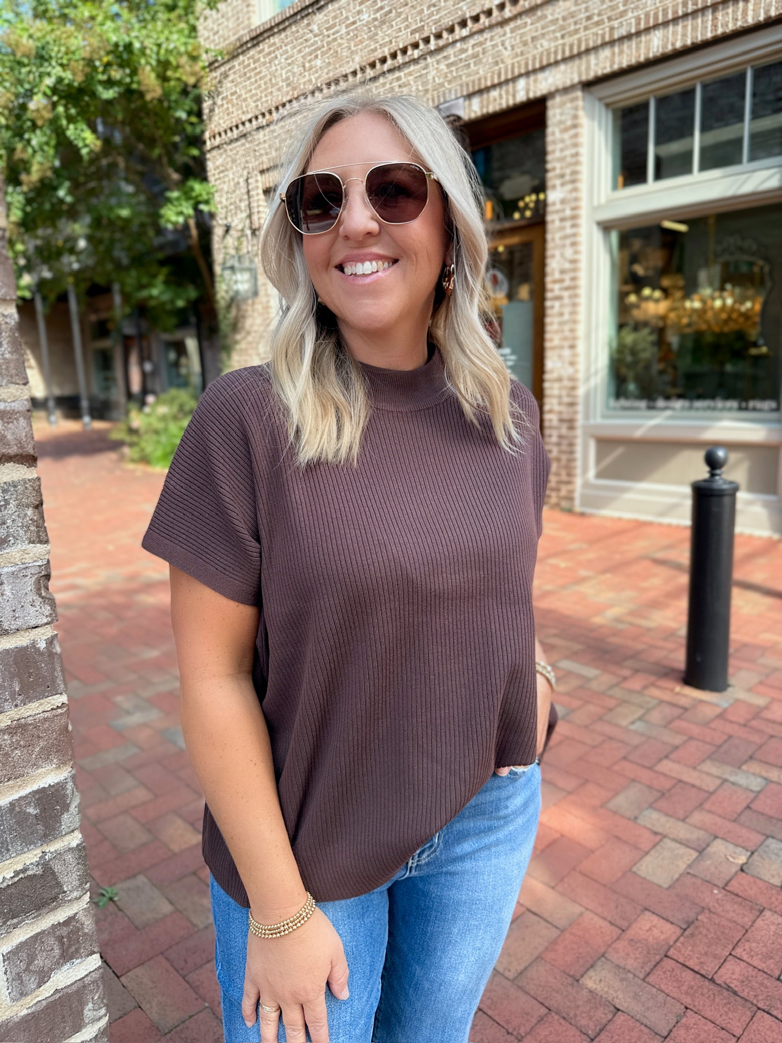 Thinking About Me Mock Neck Short Sleeve in Brown