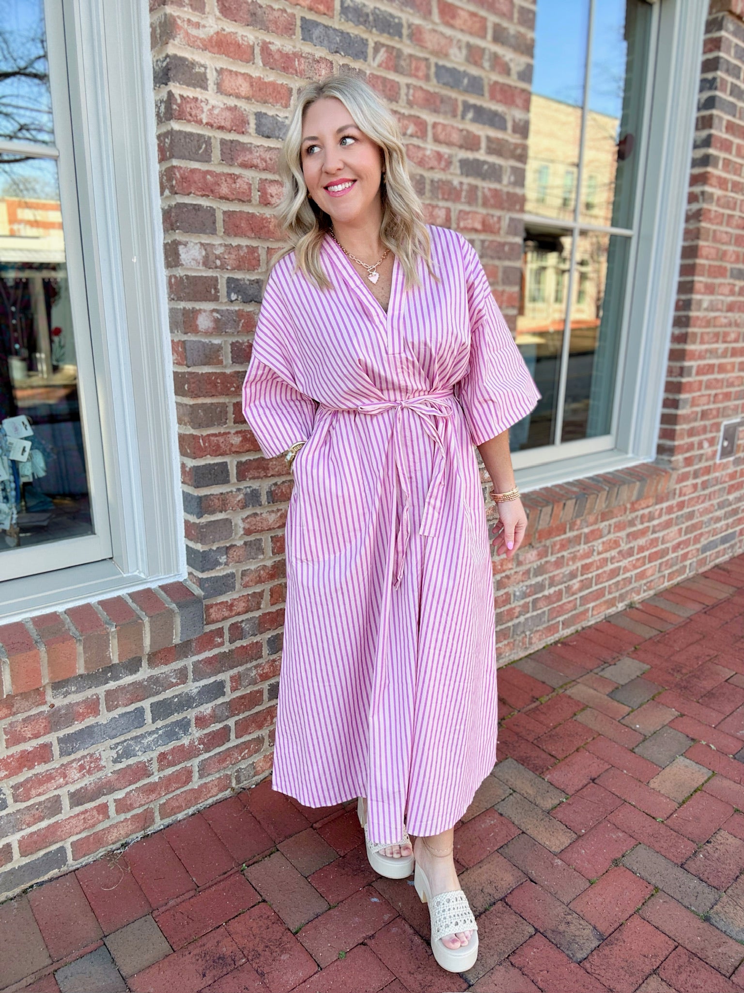 Cancel Your Plans Belted Relaxed Stripe Midi Dress