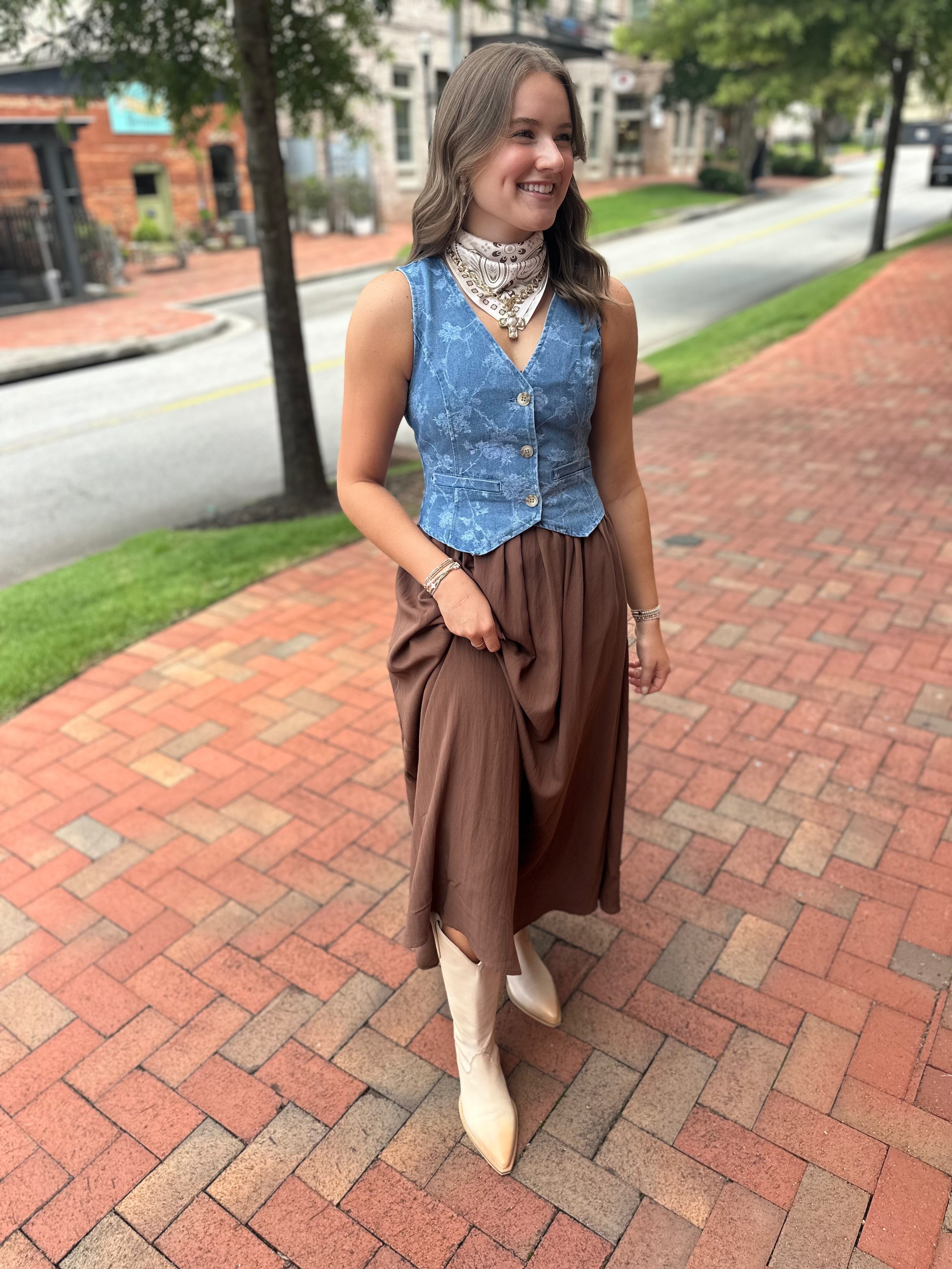 Georgia Time Button Down Floral Denim Vest