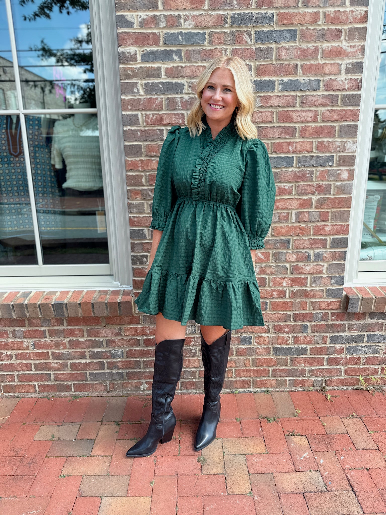 I Belong To You Textured Quarter Sleeve Ruffle Dress