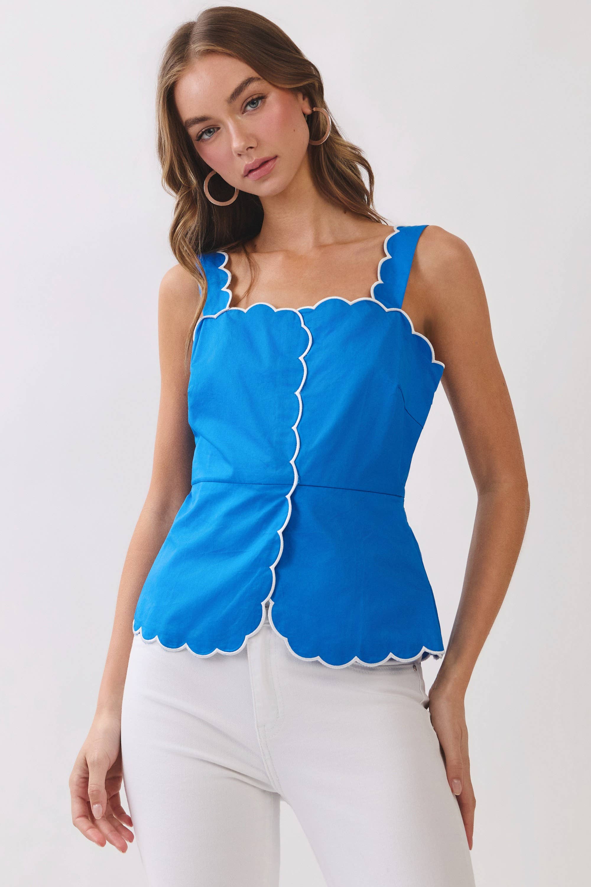 Please Remember Scallop Trim Square Neckline Sleeveless Top