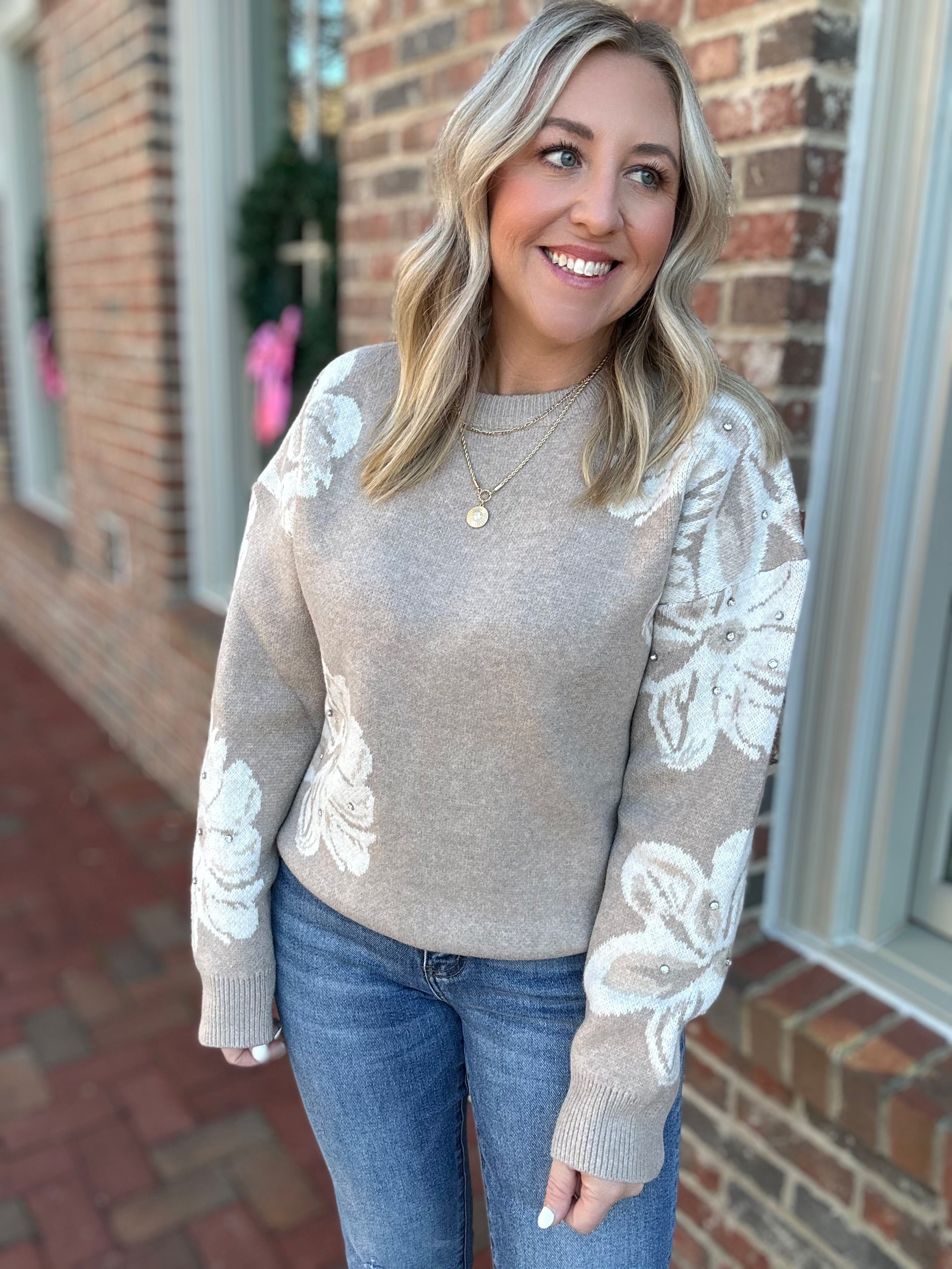 All I Want Large Floral with Stone Jacquard Sweater