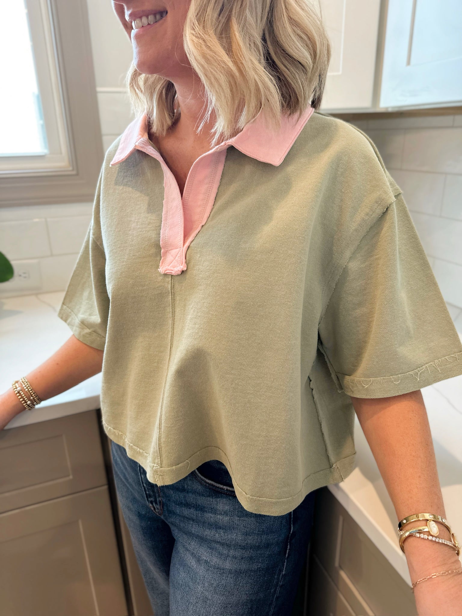 Just Like This Mineral Wash Collared Pull Over in Sage