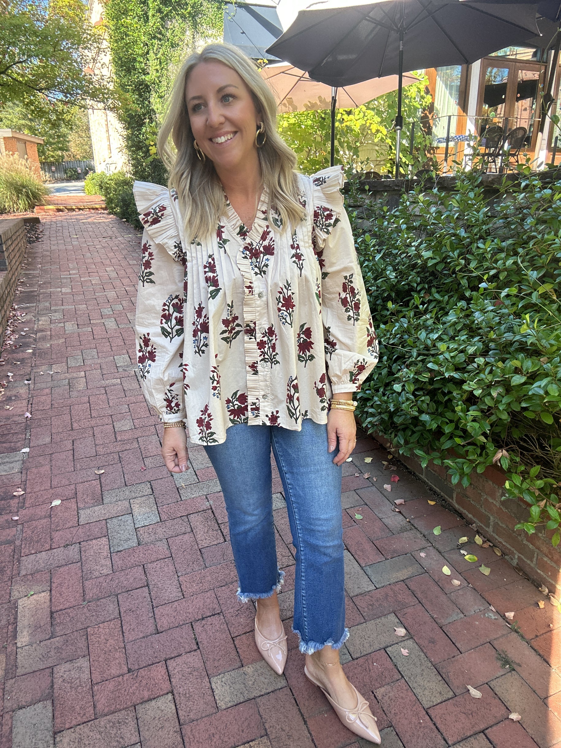 Can't Find A Way Floral Ruffle Long Sleeve Dressy Top