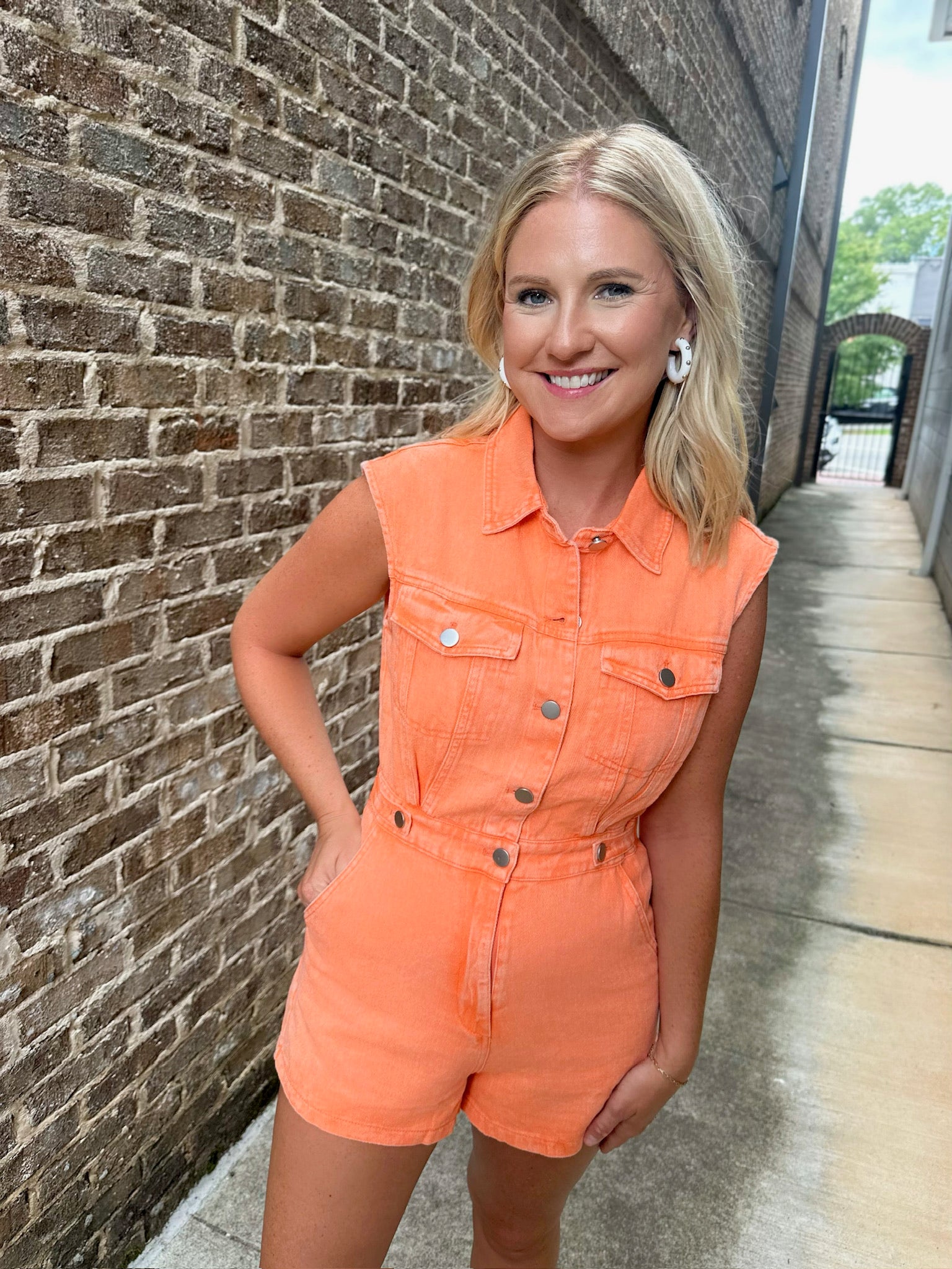 Bleed Orange Sleeveless Denim Button Down Romper