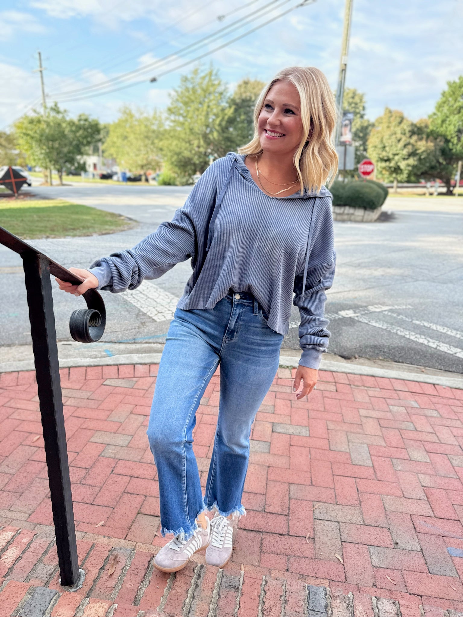 The Snuggle Waffle Knit Hoodie Light Weight Top in Dusty Indigo