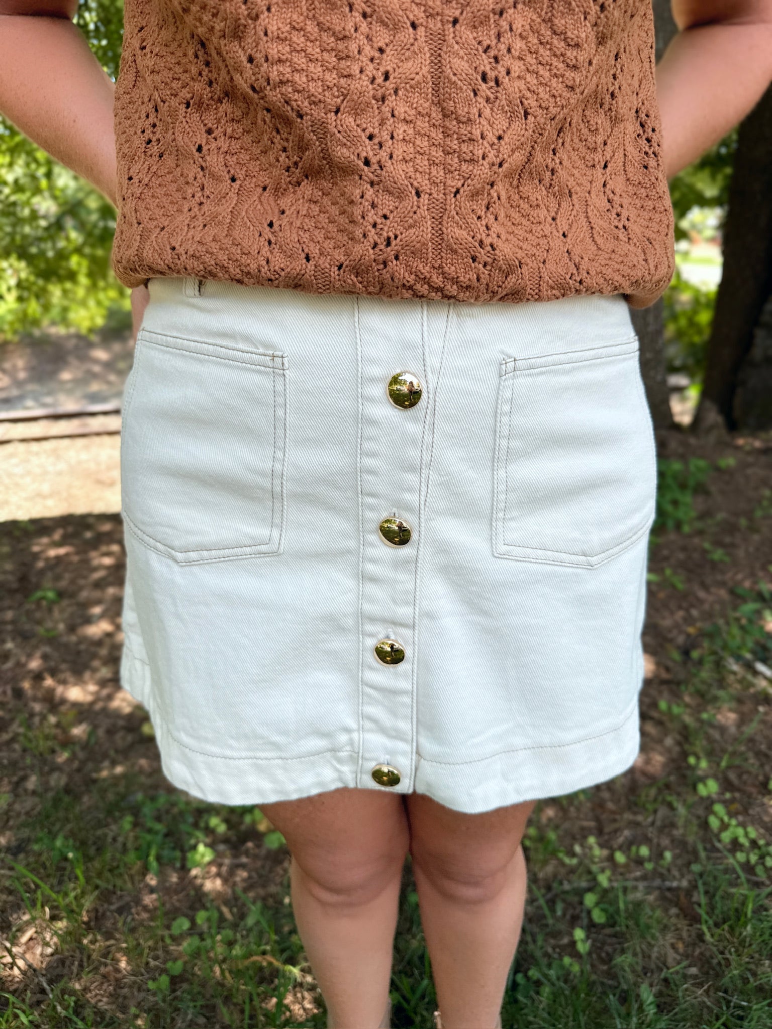 Together Again Denim Skirt with Gold Buttons