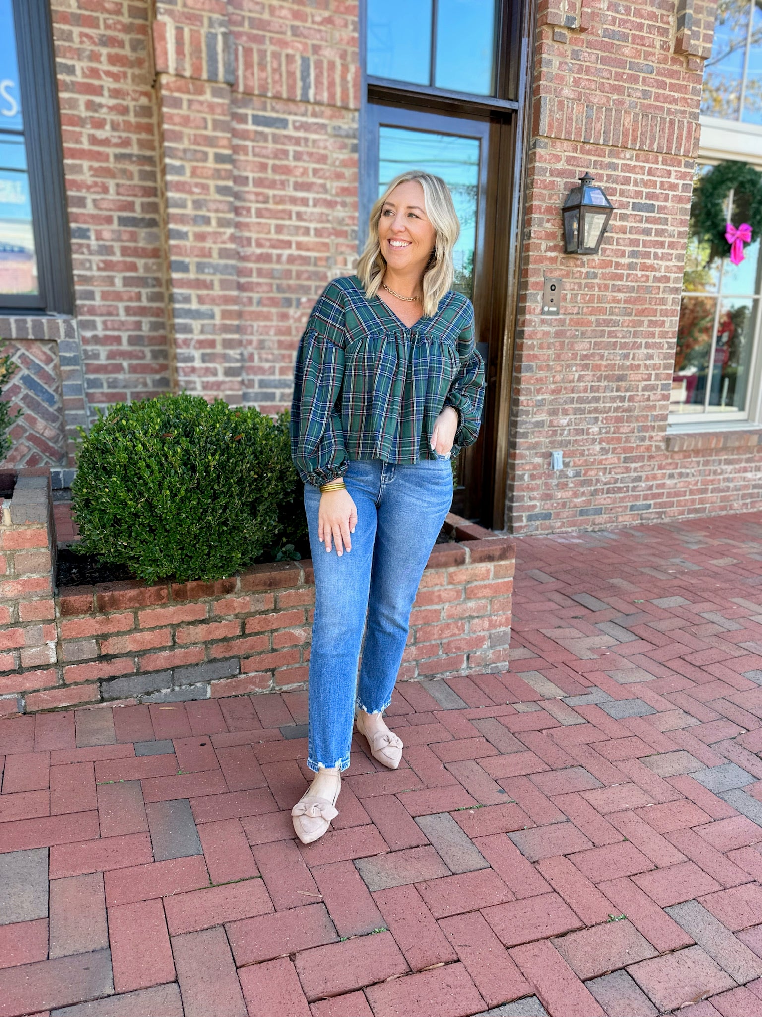 Step into Plaid V-Neck Top with Bow Back