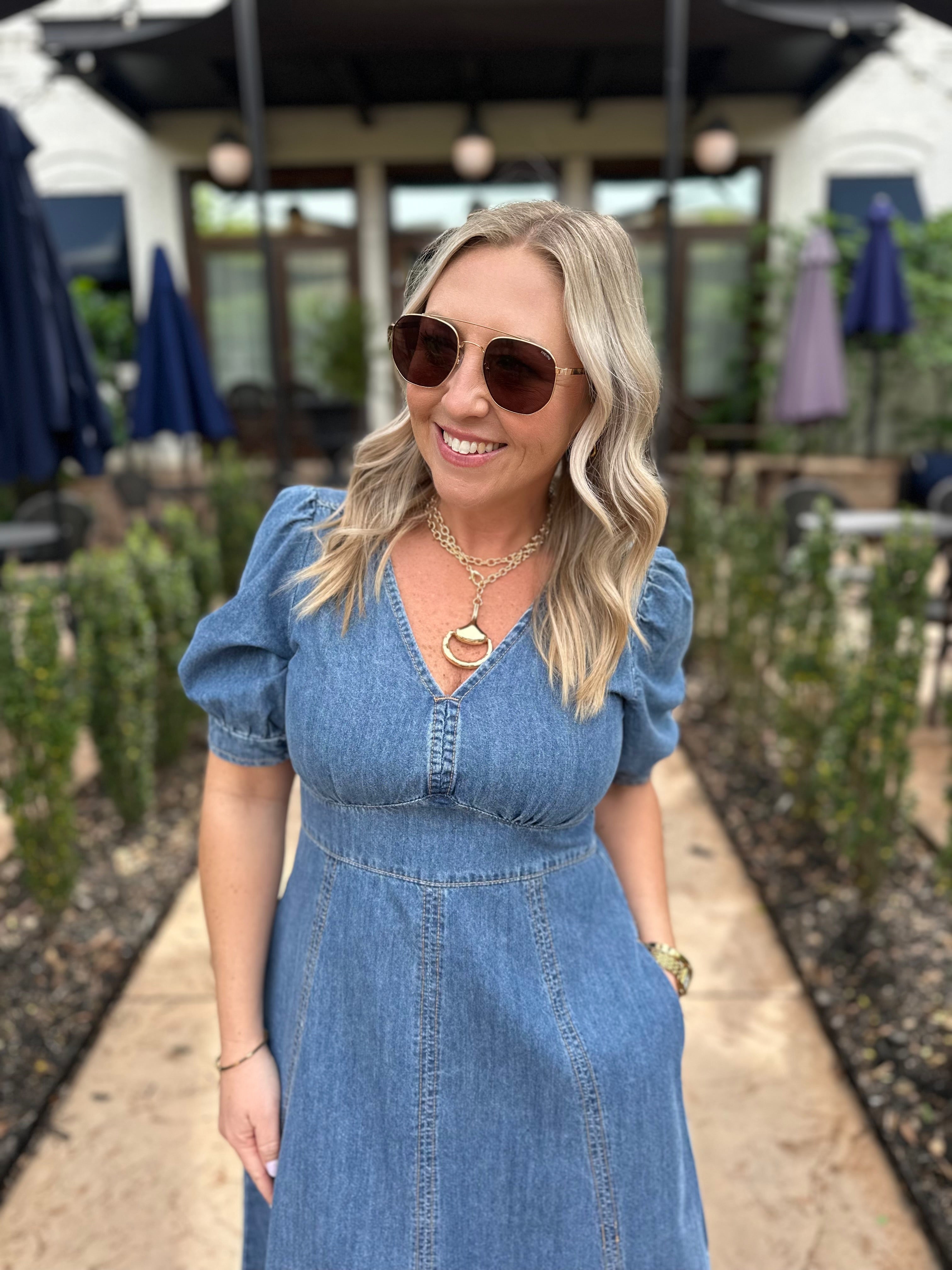 Young Girls Heart Denim Puff Sleeve Midi Dress
