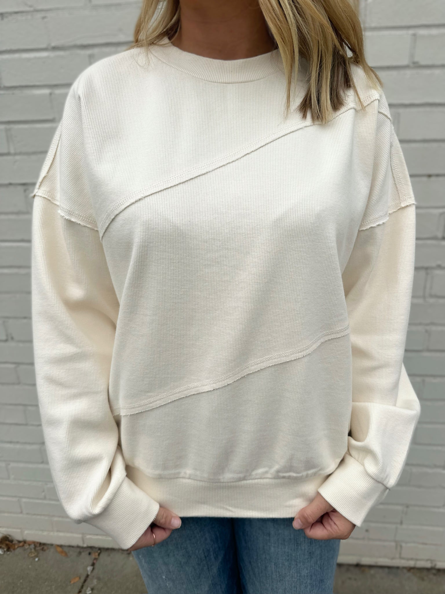 Start With You Solid Cotton Rib Detail Long Sleeve Top in Cream