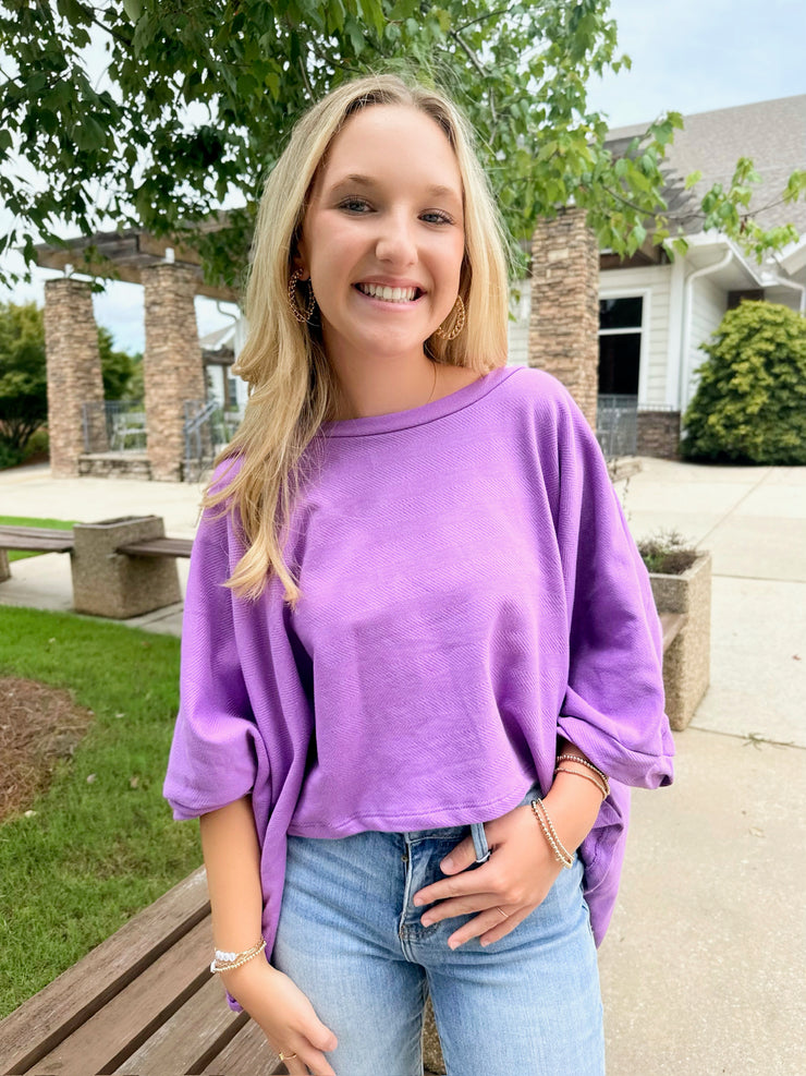 I Will Be Captivated Solid Cotton Oversized Semi-Crop Top in Purple