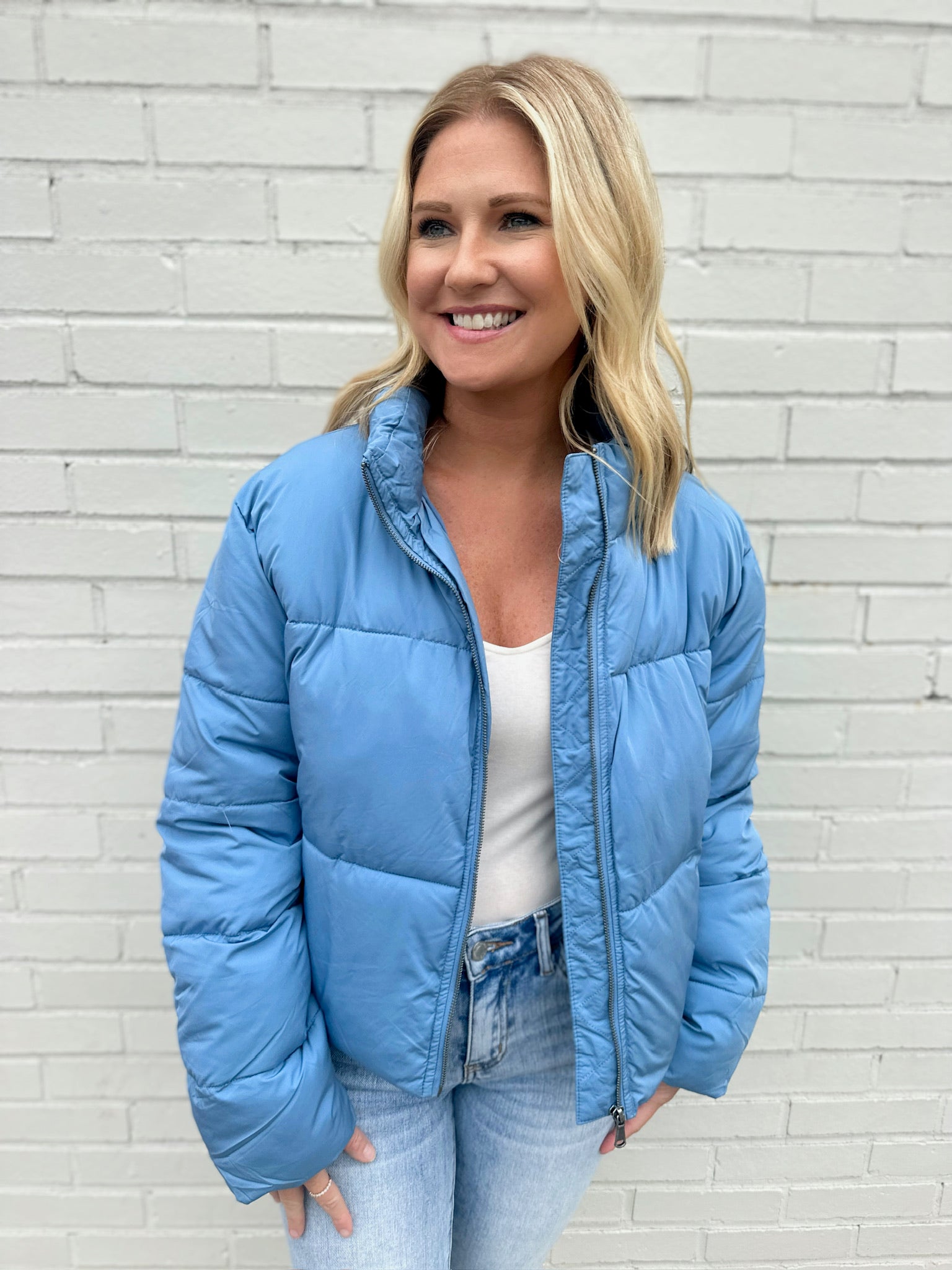 Keep Me Warm Puffer Jacket in Gray Blue