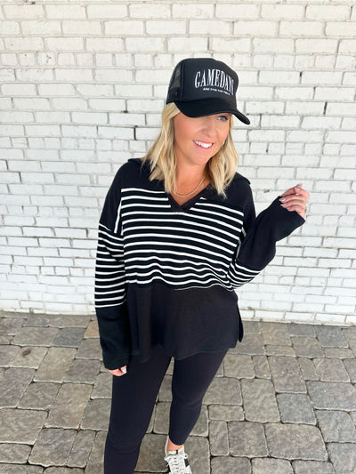 Saved By The Bell Striped Collar Long Sleeve Knit Top