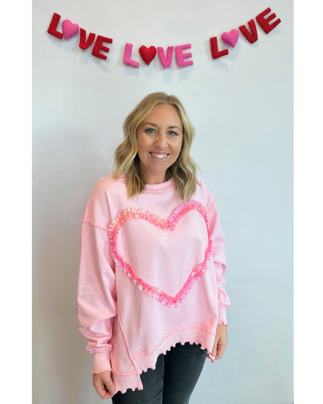 Full Heart French Terry Long Sleeve Top with Ruffled Heart