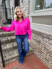 Sweet Like Candy Cropped Button Down Silk Top-Hot Pink