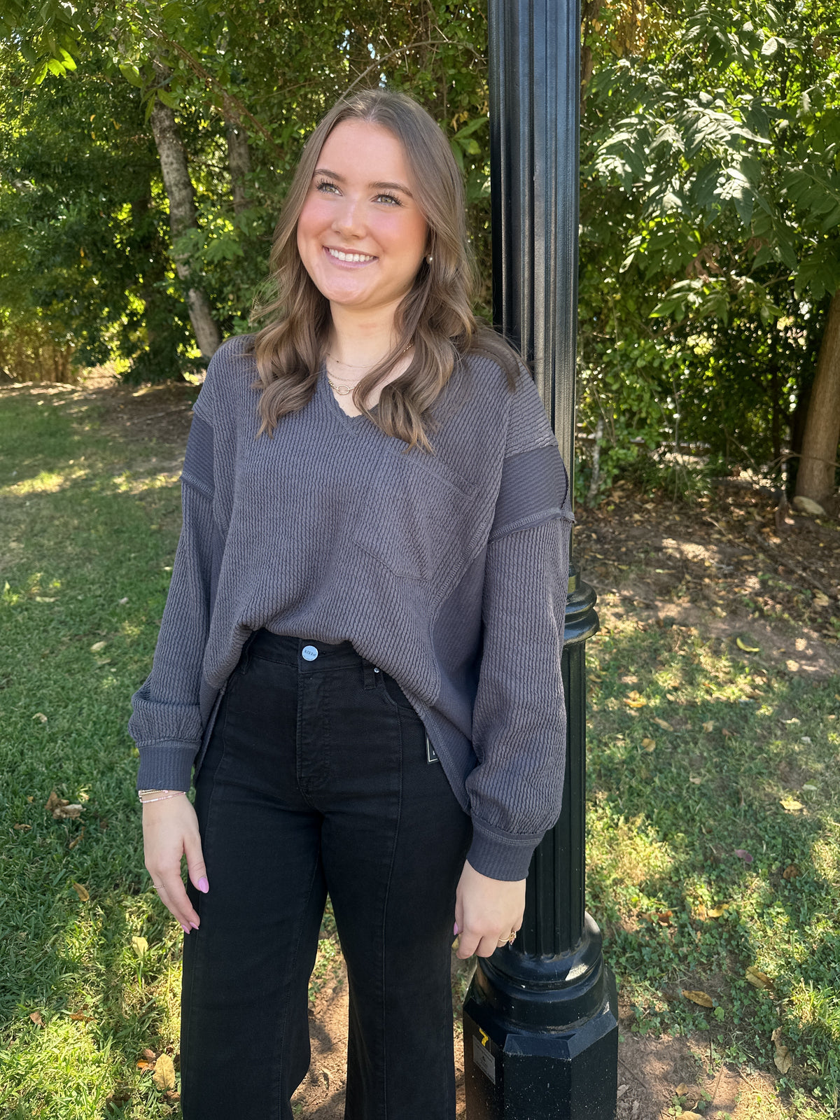 Charcoal Long Sleeve Ribbed Knit Top