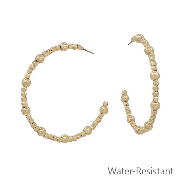 Water Resistant Gold Square Beaded 2" Hoop Earring