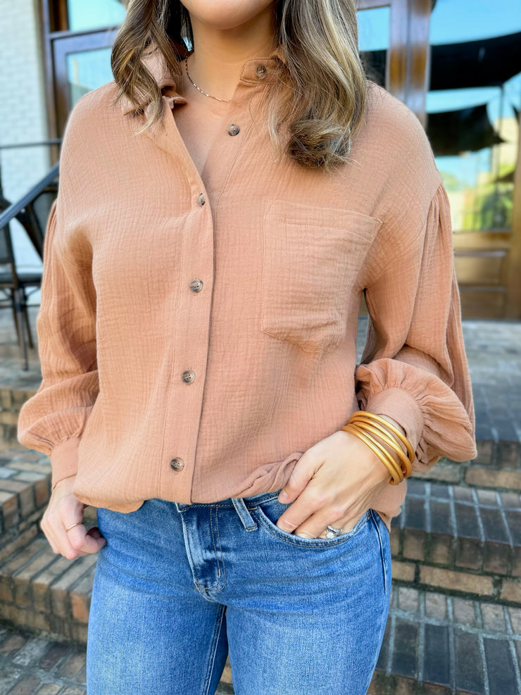 Holding Back Cotton Button Down Top