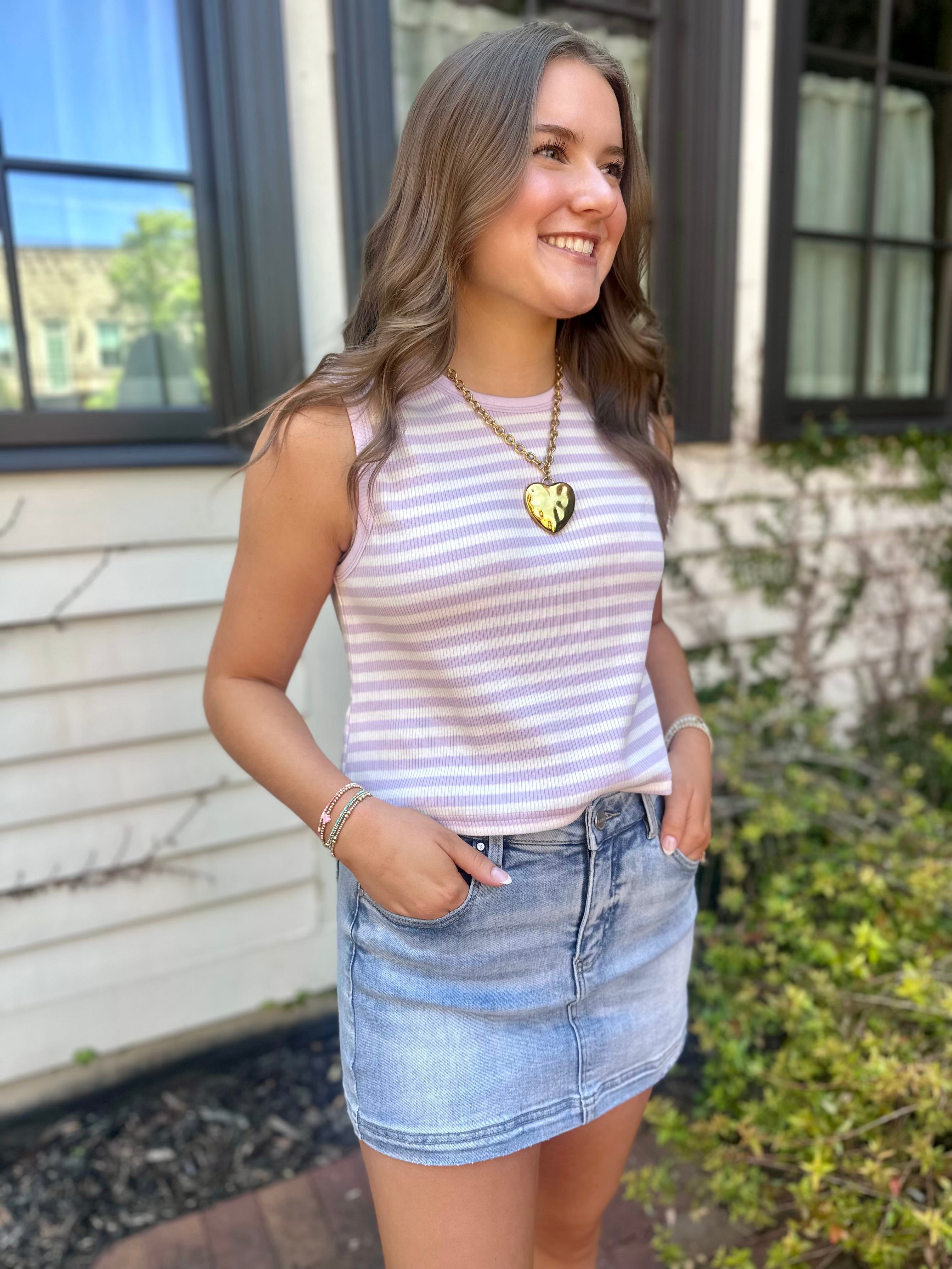 Summertime Lavender Striped Knit Cotton Spandex Tank Top