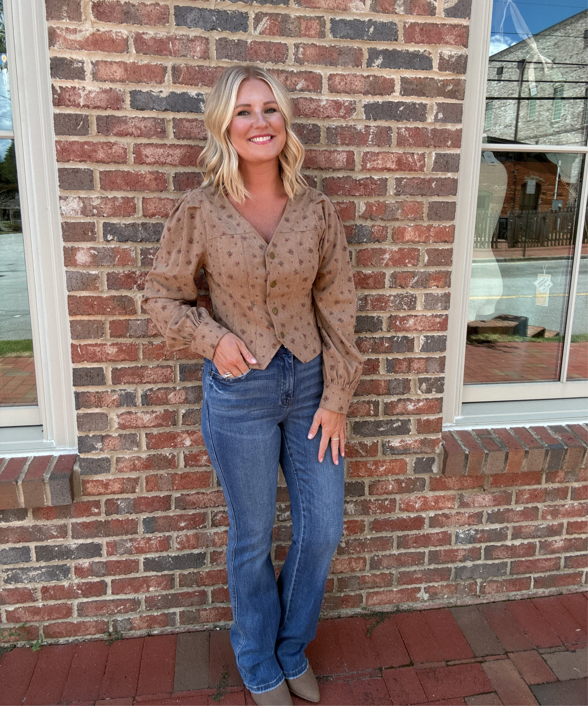 Feel The Love Button Up Stretchy Corduroy Long Sleeve Top