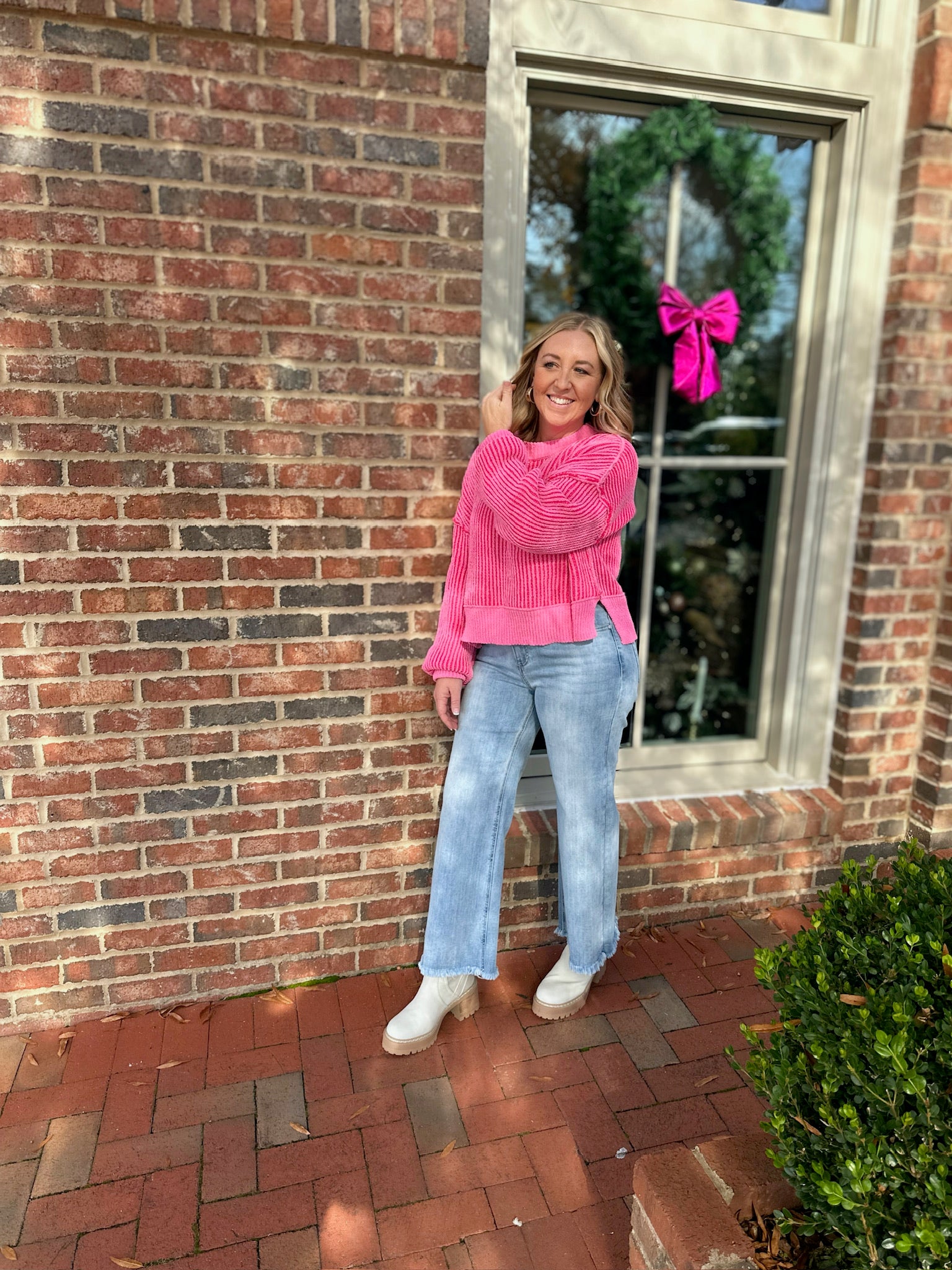 Long Day Comfy Ribbed Long Sleeve Sweater-Pink