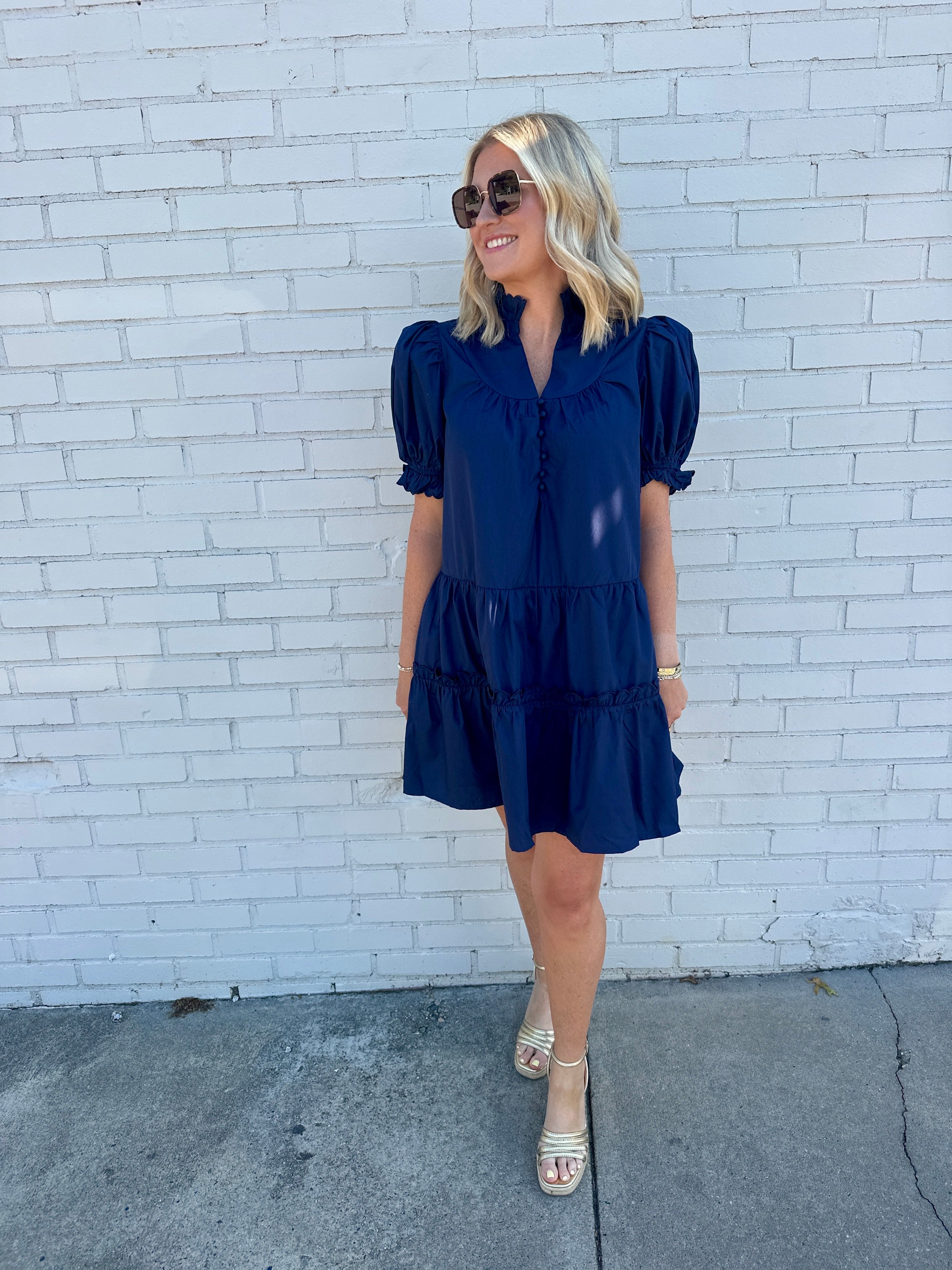 Olivia Puff Sleeve Ruffle Detail Mini Dress in Navy