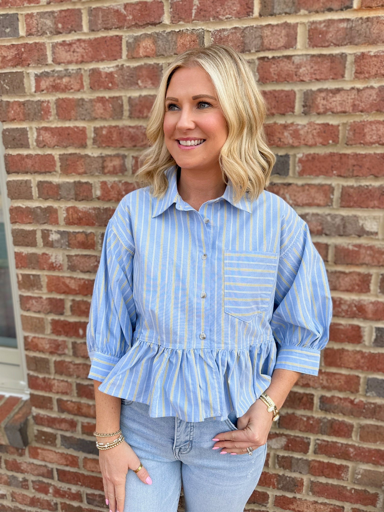 All Truth Striped Boxy Button Down Top in Blue