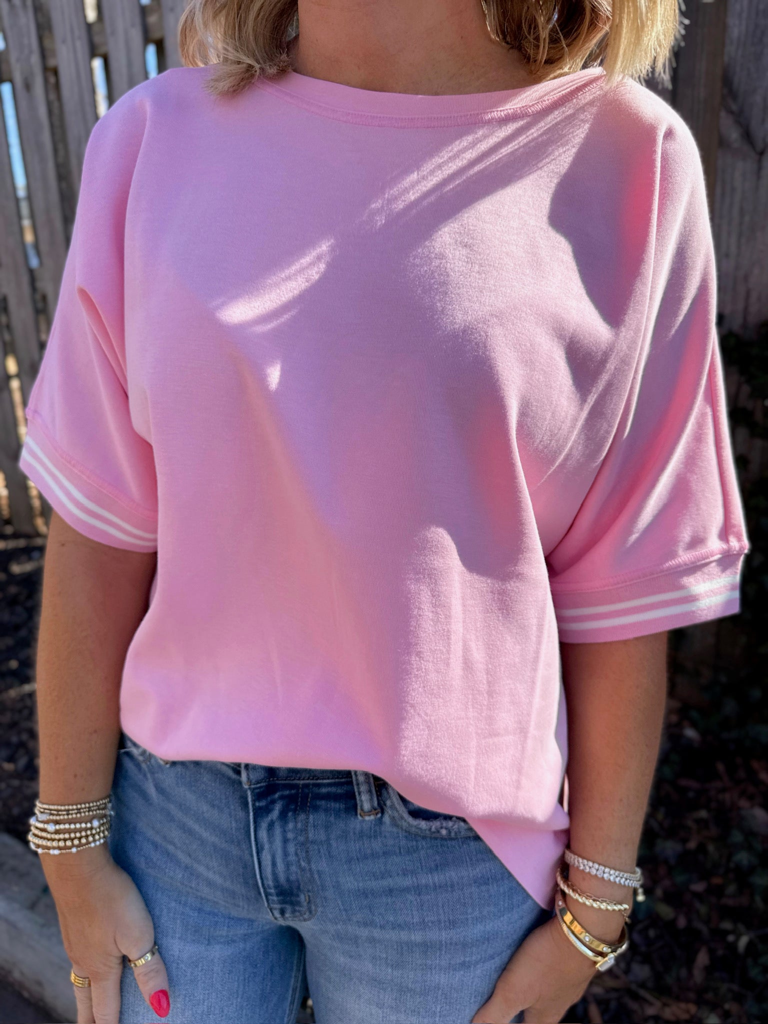 Keep The Fun Going Round Neck Trim Band Top In Pink