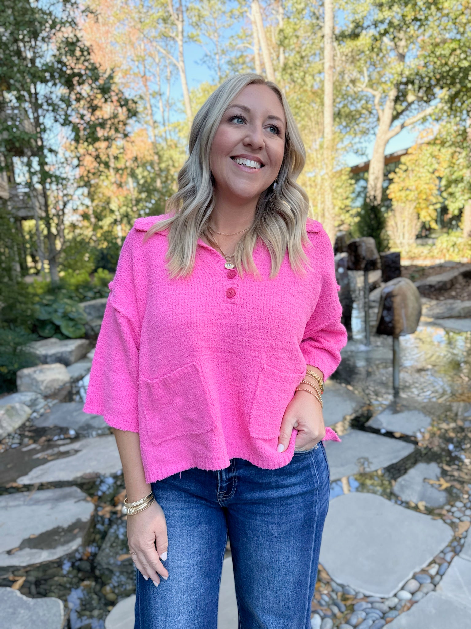 Living in the Time Knit Sweater with Front Pockets in Pink