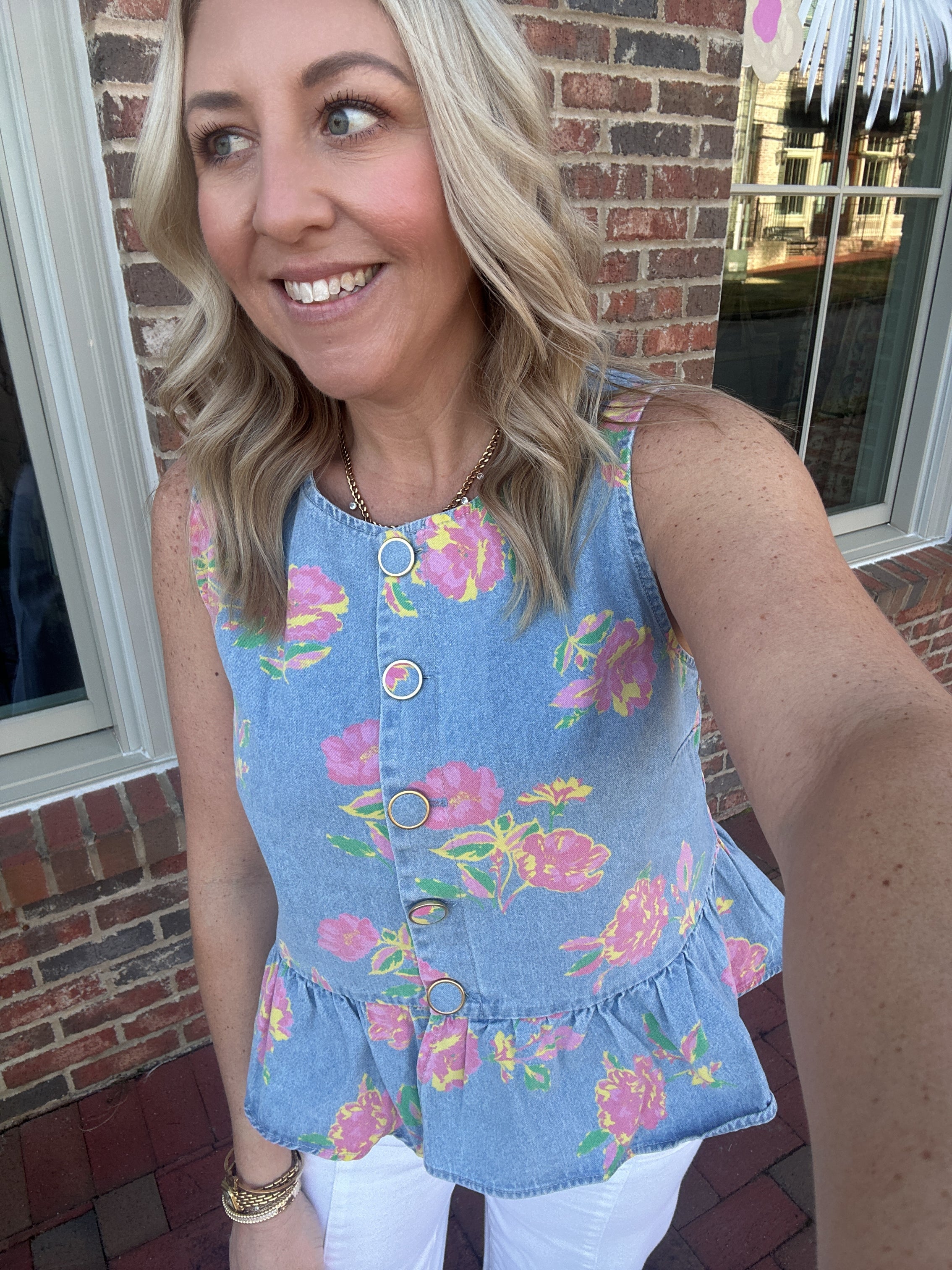 Follow The Florals Bright Flower Detail Denim Top