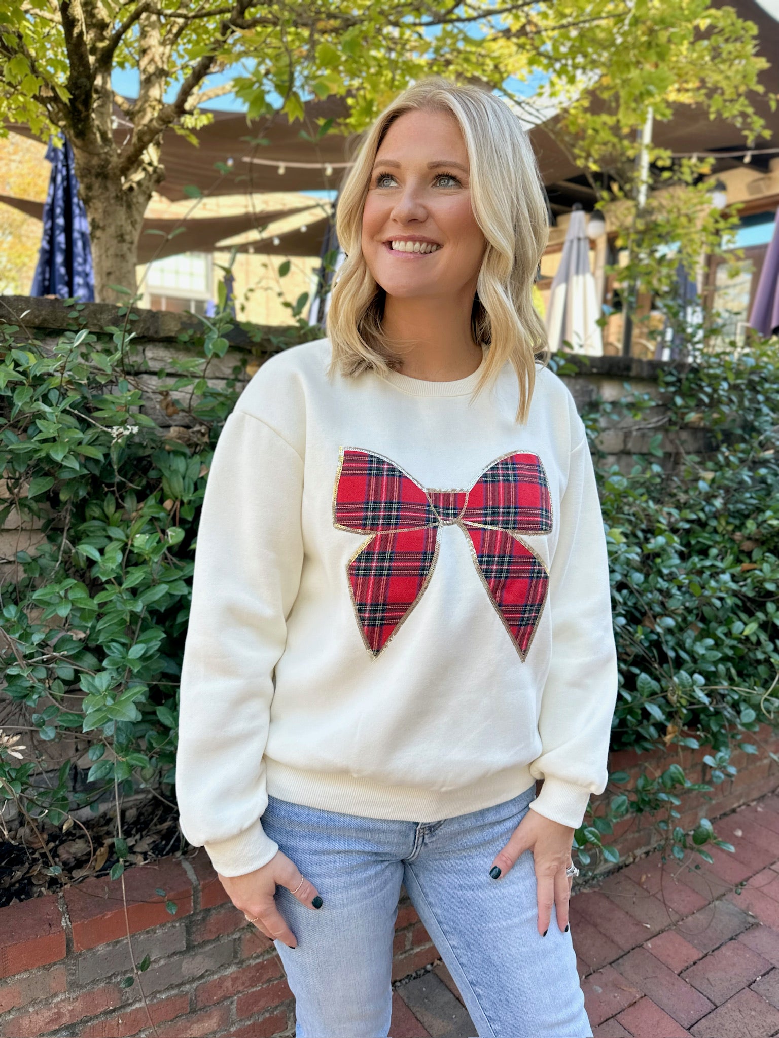 Holiday Bow Plaid Long Sleeve Top