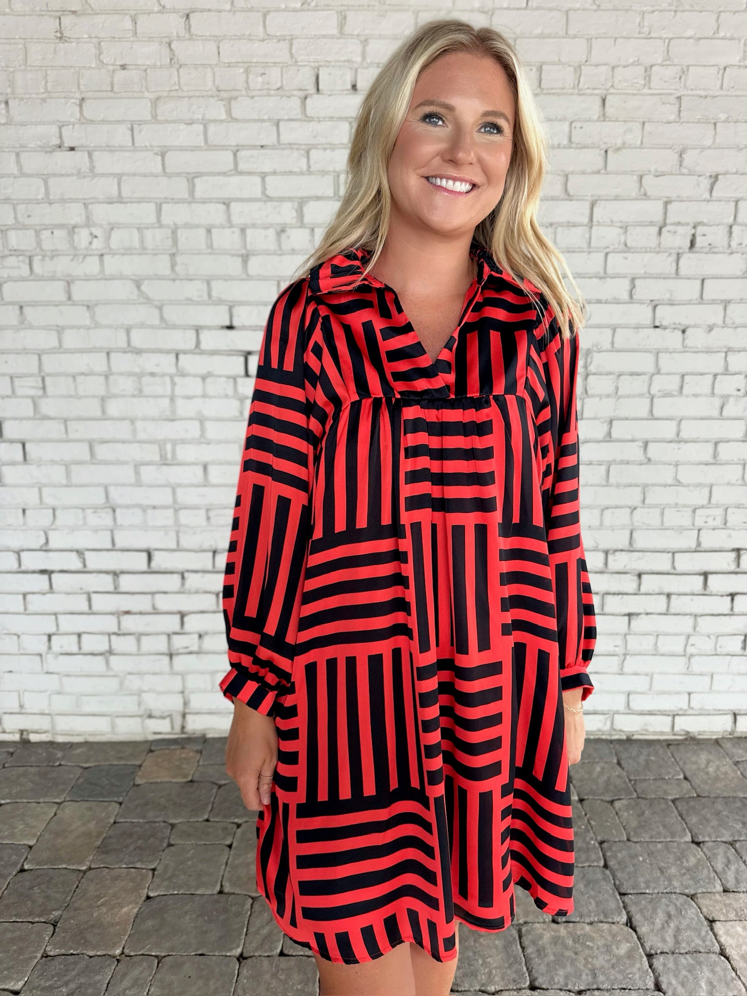 Georgia on My Mind Red And Black Striped V Neck Dress