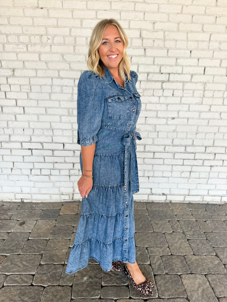 Just You And Me Denim Button Down Midi Dress