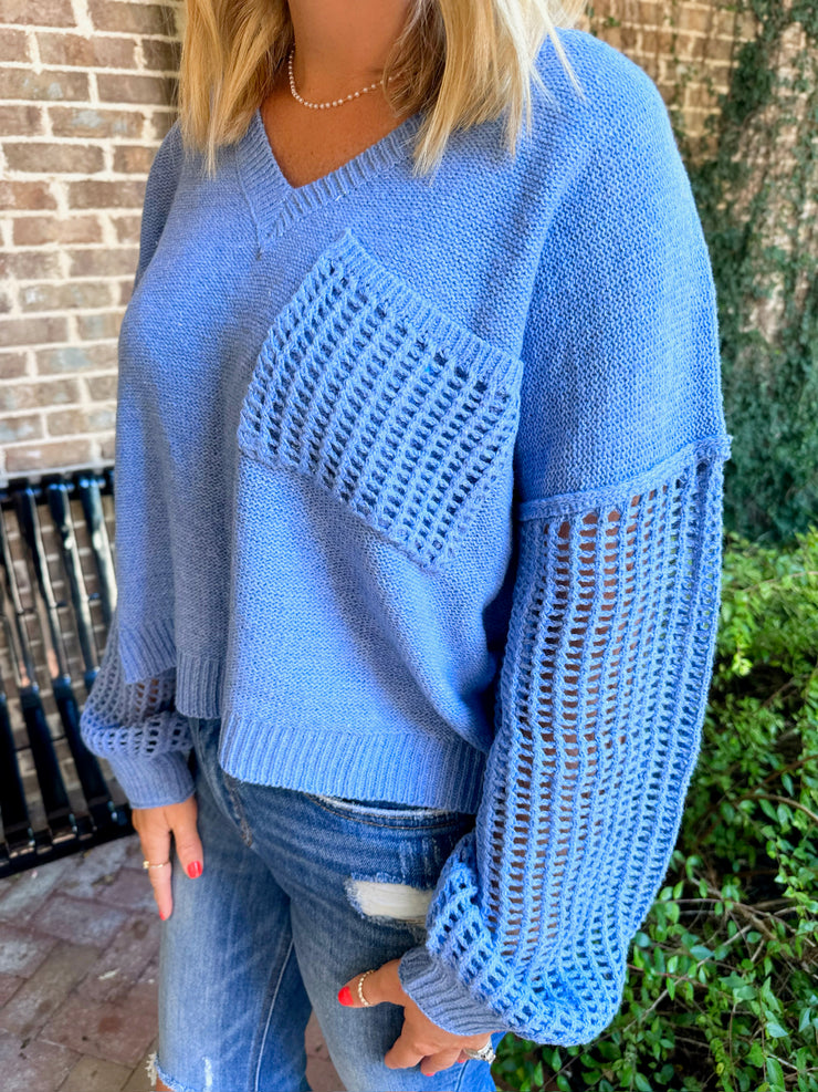 Excuse Me Open Knit Long Sleeve Sweater Top-Denim