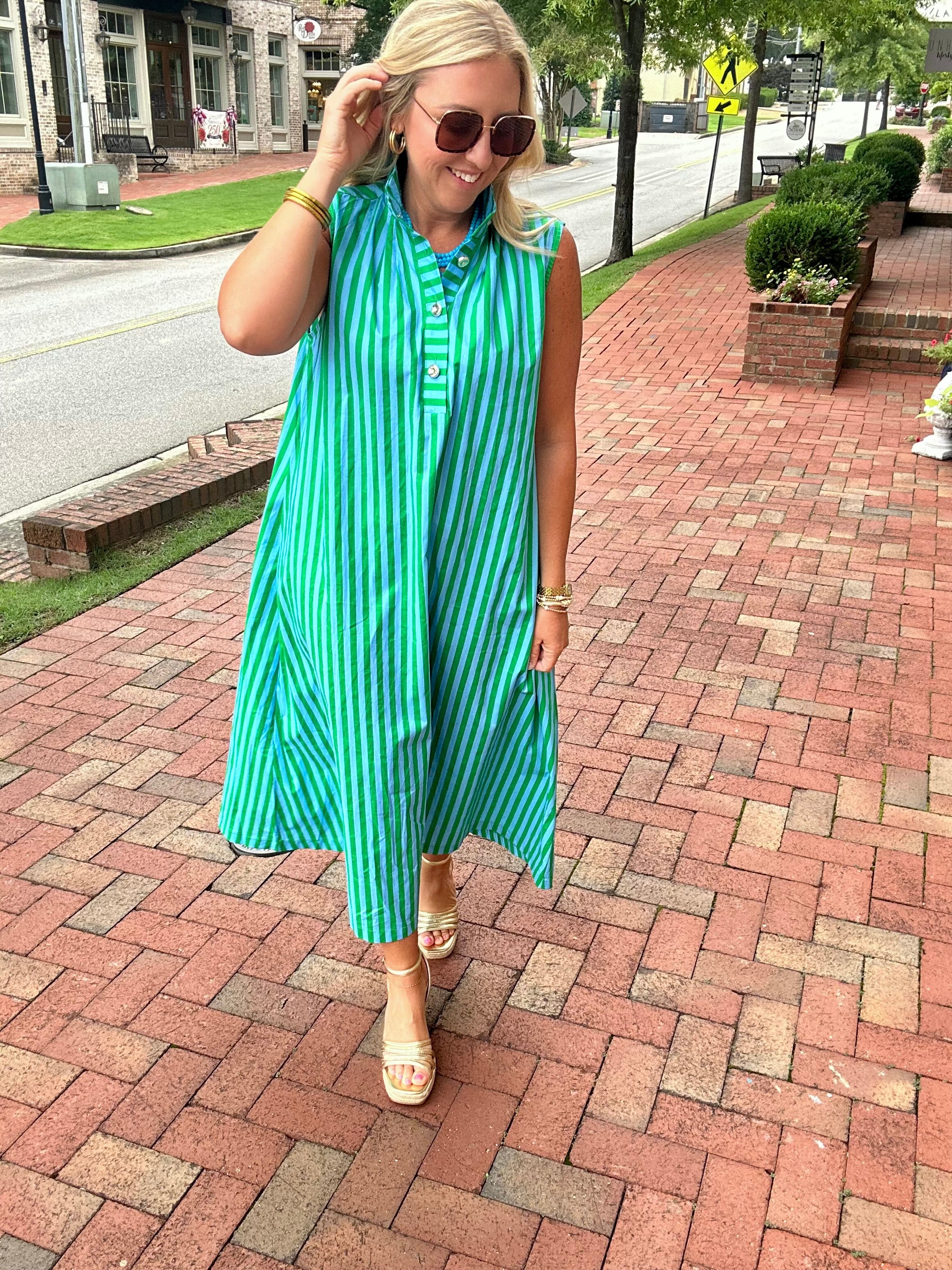 What We Got Striped Midi Dress with High Collar