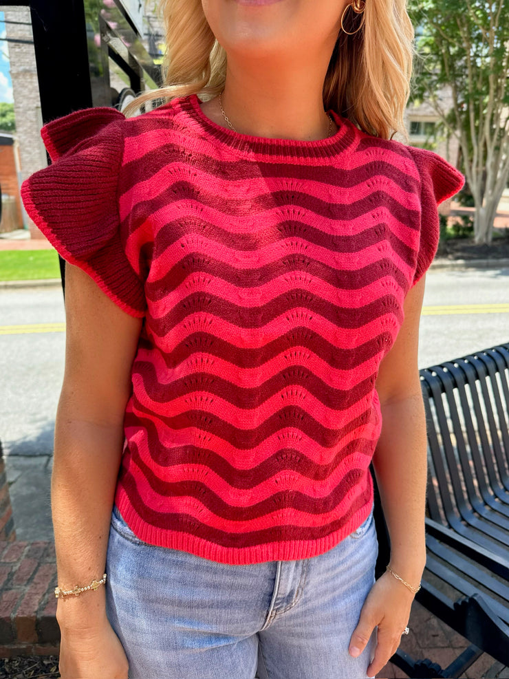 Magnolia Wavy Striped Flutter Sleeve Knit Top-Burgundy Berry