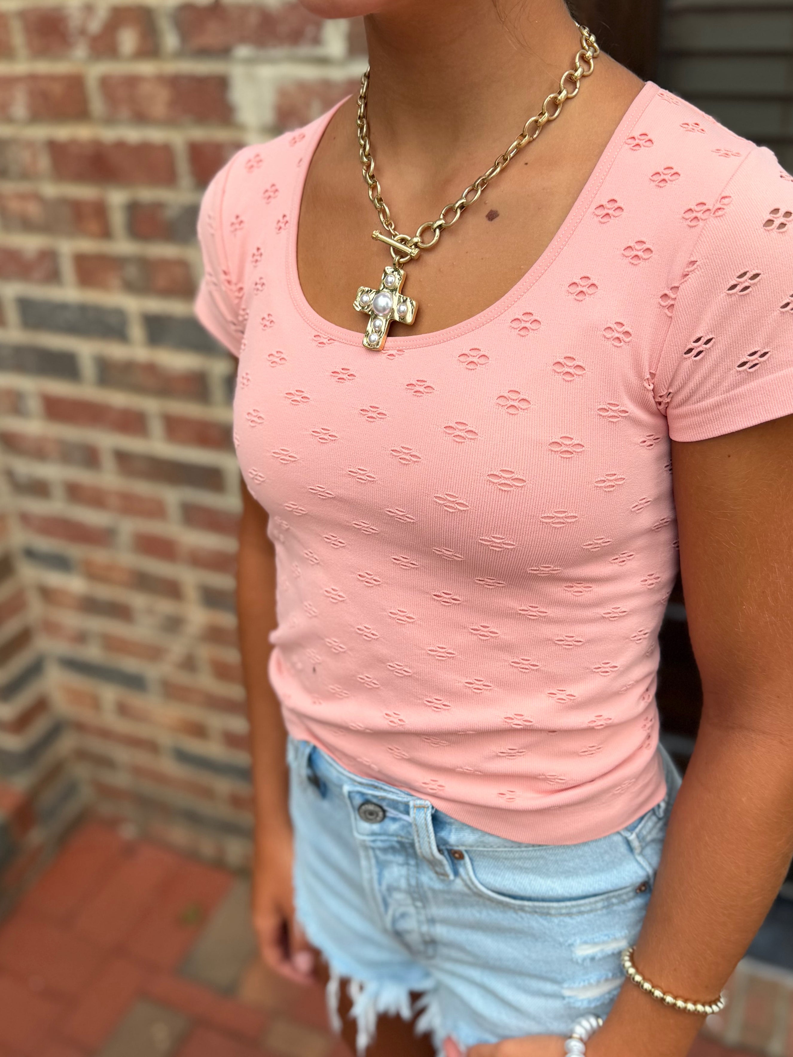 This Happiness Seamless Eyelet Round Neck Short Sleeve Top in Peach